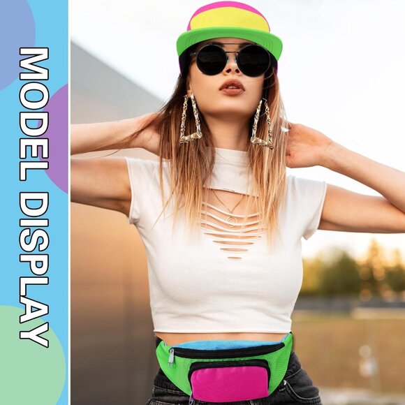 80s 90s Accessories Set Neon Fanny Pack Hat Sunglasses Gold Chain Earrings Youth - Picture 4 of 8